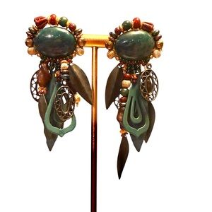 Vintage Chipita Signed Green/Brown Beaded Metal Feather Bohemian Pierce Earrings